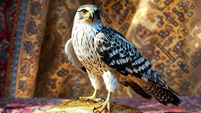 Majestic saker falcon posing on golden perch