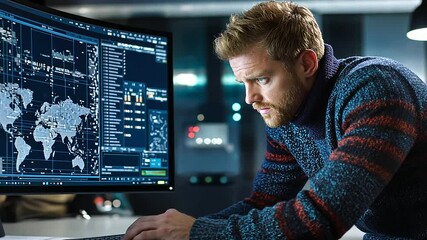 A focused structural engineer wearing a casual sweater leans forward, deeply engrossed in reviewing architectural blueprints on his ultra-wide curved computer screen.