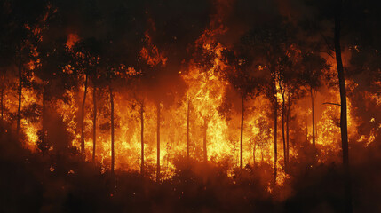 A fiery wildfire consuming a forest during the night.