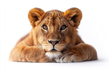 Obraz premium A close-up of a lion cub resting, showcasing its expressive eyes and fur.