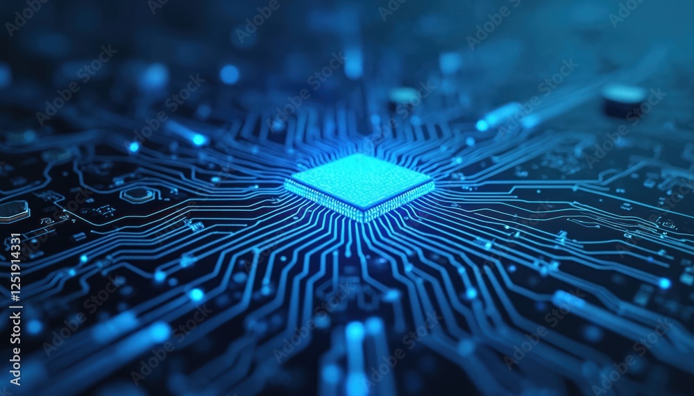 Fototapete illustration of electronic circuit board featuring intricate connections with blue lights. concept o