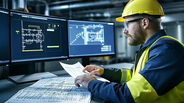 A contemporary industrial-style office, where an engineer in casual wear is comparing structural load calculations on one screen and a detailed blueprint on another.
