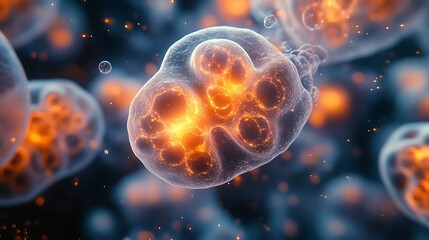 Energy-rich microscopic ecosystem with self-organizing cells exchanging vital information