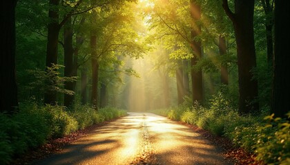 Obraz premium Sunlight piercing through trees on a serene forest road creating a magical ambiance