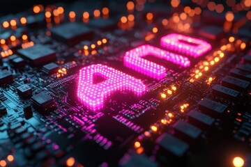 Obraz premium A close-up of a circuit board featuring illuminated digital text.