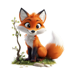 Obraz premium Fluffy 3D Cartoon Fox Sitting on a Rock Isolated on Transparent Background