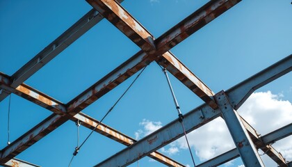 Low angle shot of steel framework against blue sky. Construction site featuring modern structural design, engineering. Steel beams, metal elements covered in rust, connected by cables. Building