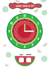 what time is it worksheet for kidergarten printable theme watermelon