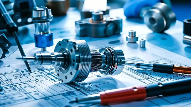 A CNC-machined aluminum part sits perfectly aligned on a high-resolution technical blueprint, surrounded by drafting tools and precision measuring instruments.