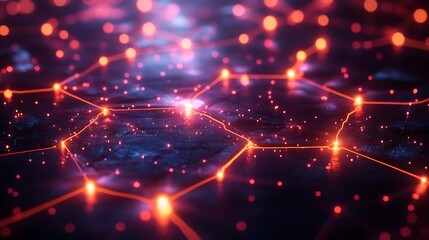 Magnified technological blueprint with vibrant geometric forms and glowing connections