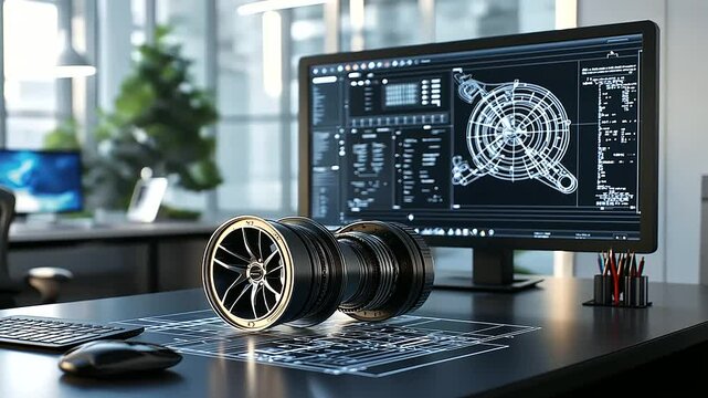 A modern industrial office desk featuring a high-precision engine component resting atop a detailed engineering diagram, with digital CAD models displayed on nearby screens.