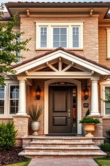 Obraz premium Elegant Brick Home Exterior with Classic Design and Landscaping. A stunning residential property showcasing beautiful architecture, a grand entrance, and meticulous landscaping.