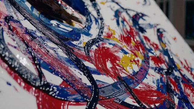 Close-up of an abstract expressionist painting with bold strokes of red, blue, and yellow paint splattered on canvas.