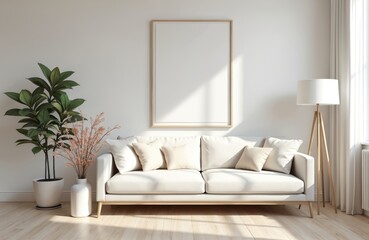 Bright scandinavian interior of living room. Empty frame for picture above elegant sofa with pillows. Flowers in vase, scandinavian lamp, green plant decorates apartment. Copy space on blank poster.
