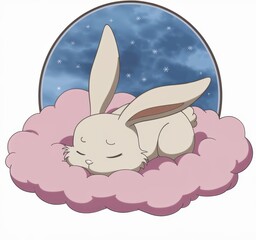 Cute white rabbit sleeping on a fluffy pink cloud under a starry sky