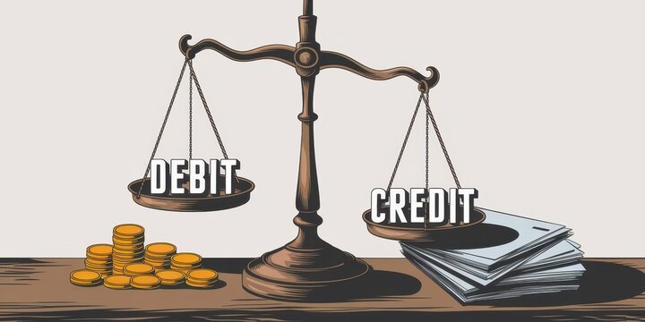 Balance scale with debit and credit labels, symbolizing financial accounting