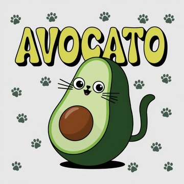 Cute avocado character with the text Avocato and playful paw prints