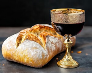 A golden chalice filled with red wine stands next to fresh bread, embodying the Christian tradition of the Eucharist on Maundy Thursday