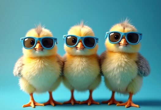 Three cute baby chicks wearing cool sunglasses on blue background. Festive spring illustration for Easter celebration. Adorable yellow bird characters with blue goggles for fun holiday design.