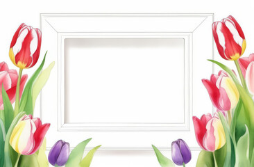 Watercolor illustration of a frame with the colorful tulips Hand drawn