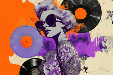 Creative artwork template image 3D collage of party leisure night occasion rest luxury vintage costume aristocracy young lady hold vinyl