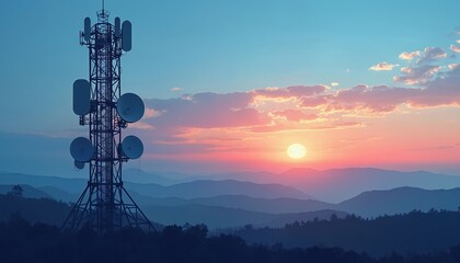 Modern cell tower with dishes, antennas against blue sky at sunset. Telecommunication structure aerial tower made from steel beams plates. Mountains silhouettes background. Wireless communication