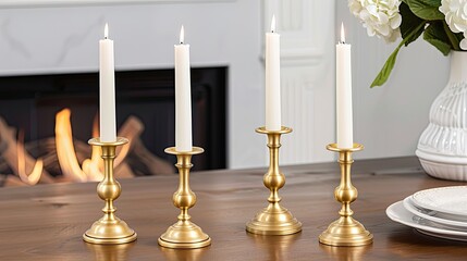 A set of three brass candlesticks with long white candles
