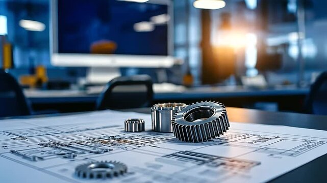 An expansive engineering blueprint covering technical drawings of a complex gear system, with precise scale markings and measurement tools in the background of a modern design stud