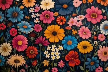 Colorful floral pattern featuring various flowers against a dark background