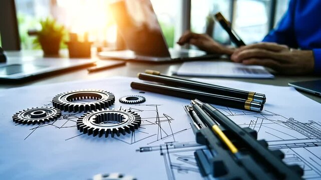 A technical drawing of gears and mechanisms on a well-lit desk, with engineering pens and drafting tools arranged neatly, emphasizing industrial design and mechanical innovation.