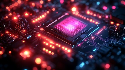 Fototapeta premium Microchip-inspired futuristic design showcasing detailed vibrant interconnected systems