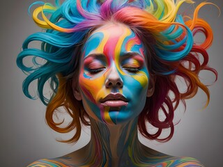 Fototapeta premium portrait of a woman, eyes closed, with colorful paint on her face. Artistic image highlighting feminine beauty.