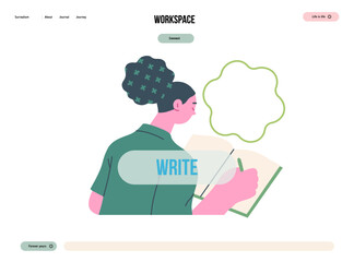 Writing people, modern flat vector concept illustration- sitting woman thoughtfully writing on notebook, bubble near head Metaphor for reflection, personal insight, contemplation, creative expression