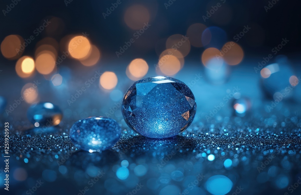 Poster Close-up of blue crystals on glitter. Shiny gems sparkle, creating modern luxury feel. Abstract shapes with gold bokeh offer product placement background. Reflective surface shines with light.