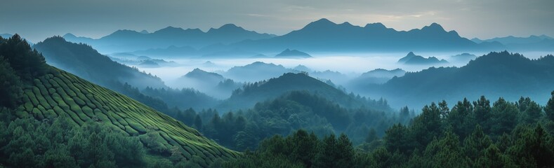 Fototapeta premium Misty mountains and lush tea plantations at dawn create a serene landscape in the countryside
