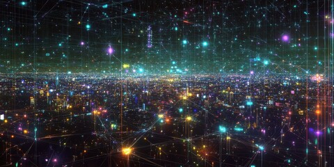 Obraz premium Futuristic city nightscape with intricate digital network overlay