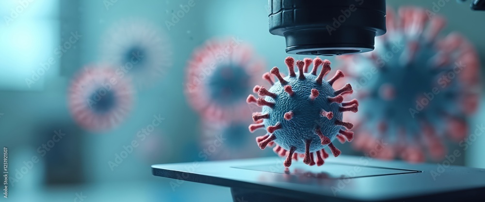 Poster Close-up view of virus particles under microscopic examination in laboratory setting. Visualization of virus structure, with spike proteins. Magnified virus under microscope for research, study of