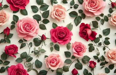 Naklejka premium Colorful arrangement of roses on a light background showcasing various blooms and leaves