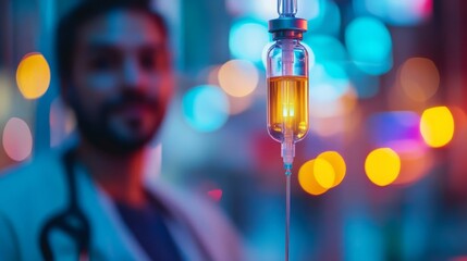 A close-up of a patient with a serene expression, wearing a medical serum IV, their arm and IV tube in focus against a softly blurred hospital background 