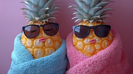 Two pineapples wrapped in pastel towels with sunglasses and lips, resembling a quirky vacation couple, ideal for humorous content, travel marketing, and summer lifestyle promotions