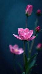 Obraz premium Dark blue background with isolated flowers in focus, abstract, selective focus