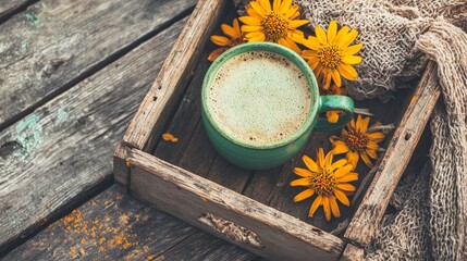 Green Mug Of Coffee With Yellow Flowers On Rustic Wooden Tray