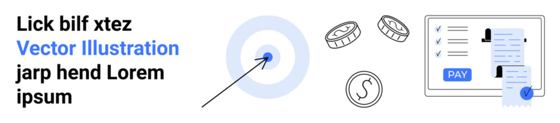 Bullseye with arrow, coins, payment receipt, and user data illustrating concepts of financial management, monetary goals, precision, transactions, budget planning, online payments and achievement