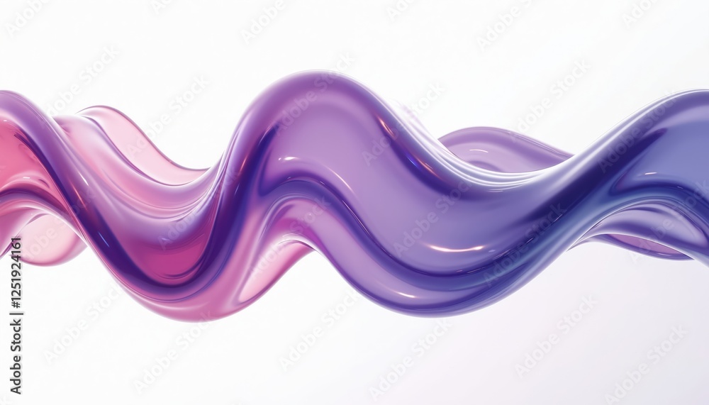 Fototapete 3D rendering of flowing liquid glass shape with glossy surface. Minimal color wavy fluid motion on isolated white background. Purple iridescent gradients blend smoothly across twisted curve of wave.