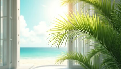 Illustration of palm tree against sea view from open window. Clear sky, blurred bokeh lights effect. White ribbed background. Green palm fronds. Summer vacation banner. Perfect wall decor print.