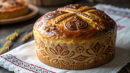 Close up of freshly baked paska, a traditional Orthodox Easter bread decorated with intricate patterns and designs