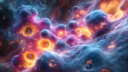 Fototapeta premium Digital fantasy rendering of abstract cellular structures floating in a cosmic environment with intense color contrast