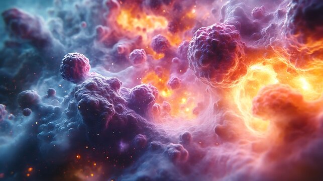 Digital fantasy rendering of abstract cellular structures floating in a cosmic environment with intense color contrast