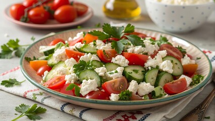 Cottage cheese salad with fresh tomatoes and cucumbers prepared for a healthy meal on a sunny day