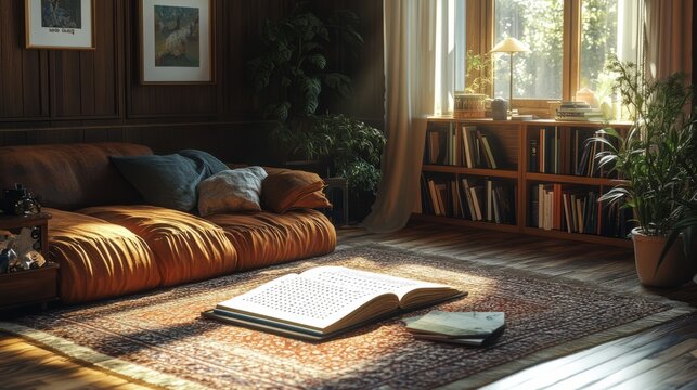 A cozy living room with a Braille book and a tactile learning tool 
